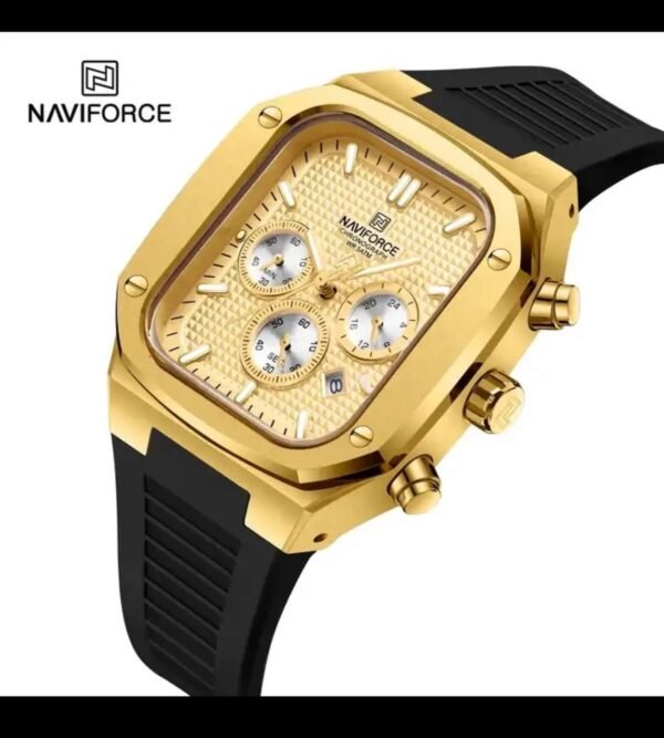 NAVIFORCE-Montres-bracelets Noir-Gold  d'affaires pour hommes, bracelet en silicone souple, degré d'eau, chronographe à quartz, montres pour hommes avec cadran carré, 8037