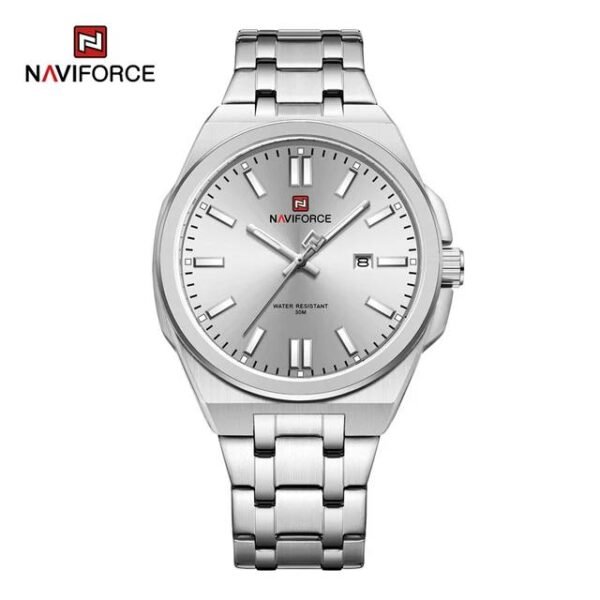 NAVIFORCE Montre analogique à quartz en acier inoxydable pour homme - Étanche - Pour le sport - Style décontracté - Avec calendrier et date.