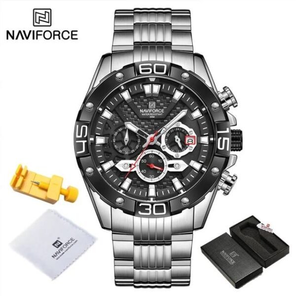 NAVIFORCE Montre de sport militaire à quartz analogique pour homme en acier inoxydable avec chronographe lumineux