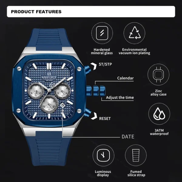 NAVIFORCE-Montres-bracelets d'affaires pour hommes, bracelet en silicone souple, degré d'eau, chronographe à quartz, montres pour hommes avec cadran carré, 8037 – Image 3