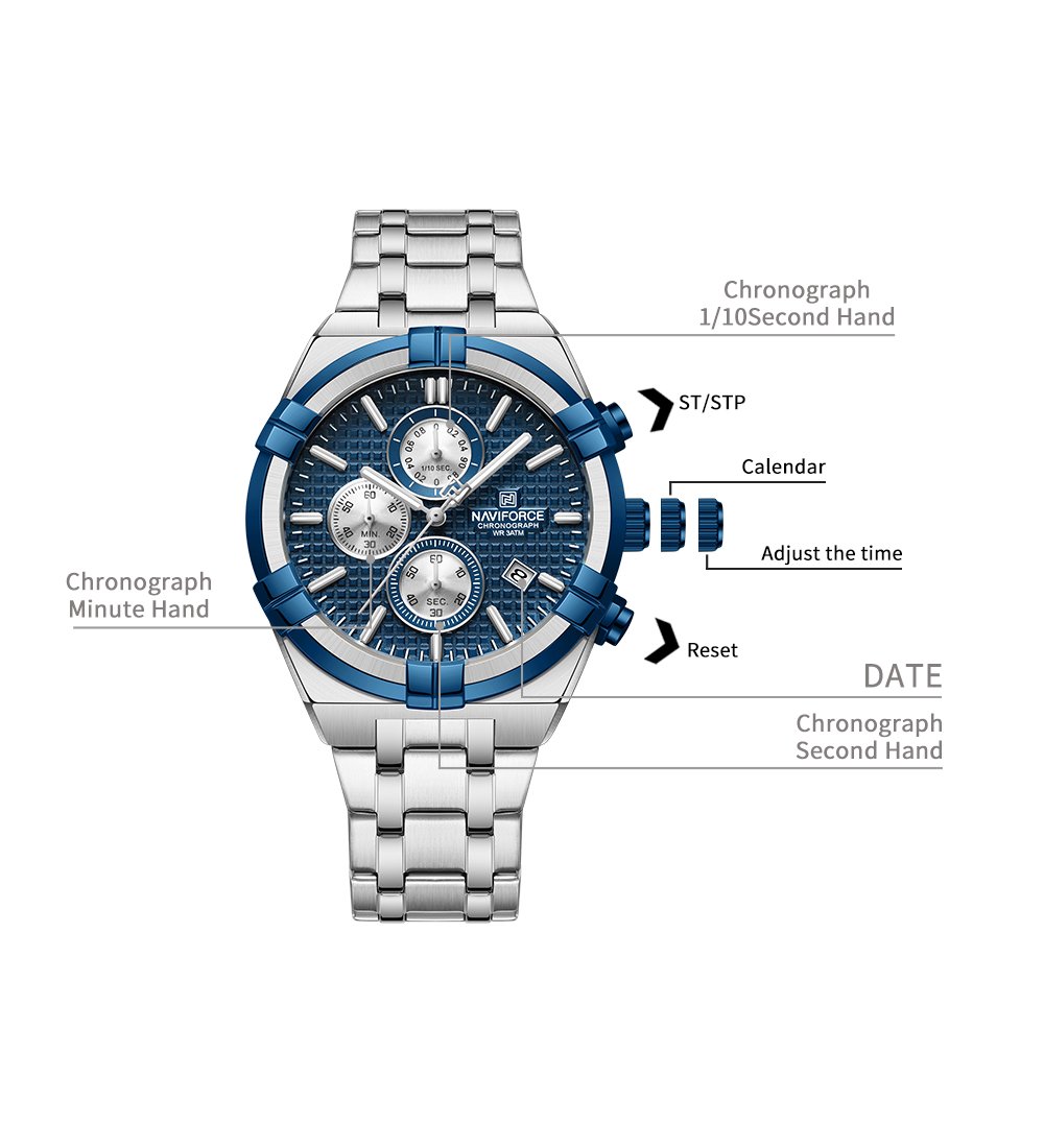 NAVIFORCE NF8042 Argent et bleu montre chronographe multifonction mode étanche luxe cadeau lumineux montre pour hommes – Image 5