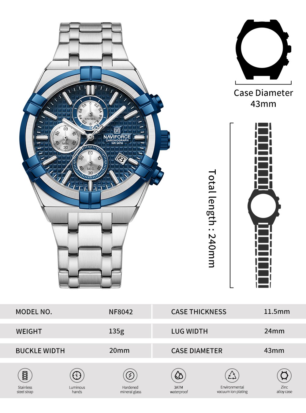 NAVIFORCE NF8042 Argent et bleu montre chronographe multifonction mode étanche luxe cadeau lumineux montre pour hommes – Image 2